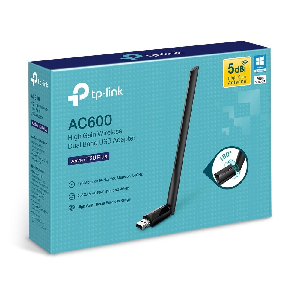 ADAPTADOR DE RED USB TP-LINK ARCHER T2U PLUS AC600 ALTA GANANCIA, DUAL BAND 433MBPS A 5GHZ/200MBPS - Imagen 4